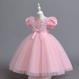 Girls Puff Sleeve Princess Dress Lace Long Dress Mesh Pink Dress Piano Performance Dress