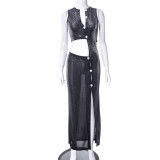 Women's Summer Solid Color Sexy Mesh See-Through Crop Button Slim Long Dress