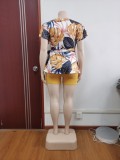 Conjunto de dos piezas estampado con cuello en V para mujer de talla grande de verano Conjunto de pantalones cortos de camiseta informal