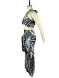 Women's Digital Random Printing Wrapped Chest Low Back Mermaid Skirt Set