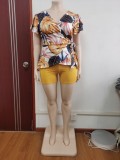 Conjunto de dos piezas estampado con cuello en V para mujer de talla grande de verano Conjunto de pantalones cortos de camiseta informal