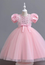 Prinzessinnenkleid mit Puffärmeln für Mädchen, langes Kleid aus Netzstoff, rosafarbenes Kleid, Piano-Performance-Kleid