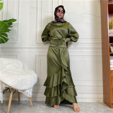 Women Islamic Round Neck Shirt Muslim Maxi Dress Two Piece Set