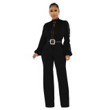 Women Belt Lace Cutout Solid Long Sleeve Jumpsuit