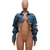 Women Irregular Denim Ripped Wash Casual Jacket