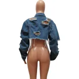 Women Irregular Denim Ripped Wash Casual Jacket