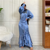 Women Islamic Round Neck Shirt Muslim Maxi Dress Two Piece Set