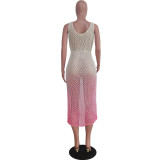 Women's Casual Gradient Knitting Hollow Sleeveless Slit Beach Dress