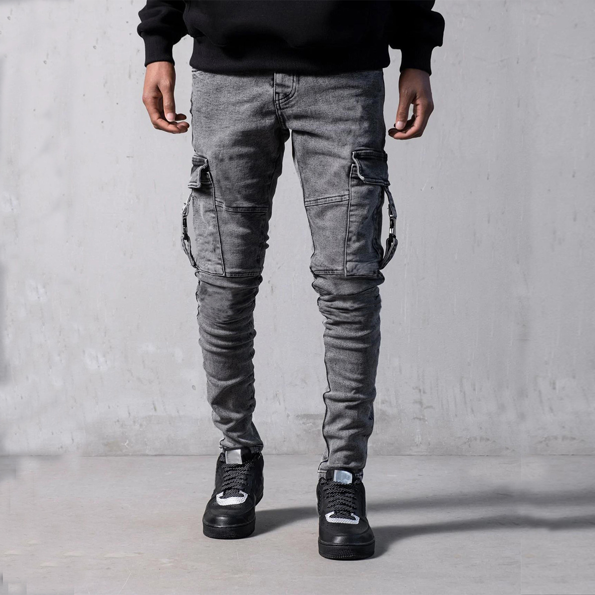 Men's Cargo Pants Trendy Black Slim Denim Tight Jeans - The Little  Connection