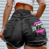 Ladies Summer Fashion Print Ripped Denim Shorts Ripped Jeans