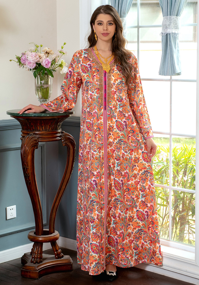 Wholesale Women's Fashion Muslim Robe Print Beaded Abaya Dress Global