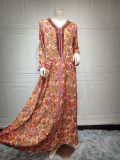 Women's Fashion Muslim Robe Print Beaded Abaya Dress