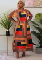 Ladies Round Neck Print Pleated Dress