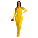 Women's Fashion Solid Color Long Gloves Hollow Lace Long Dress