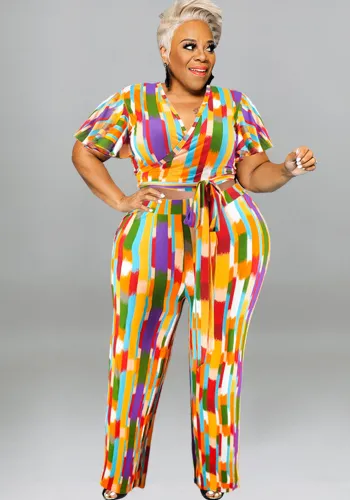Plus Size Women's Spring Short Sleeve Top and Pants Set