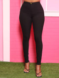 Stretch High Waist Street Hipster Solid Black Slim Fit Women's Skinny Denim Pants