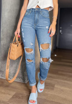 Damen Sommer Casual Wash Ripped Straight Street Style Jeanshose