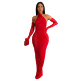 Women's Fashion Solid Color Long Gloves Hollow Lace Long Dress