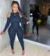 Women's Autumn and Winter Flocking Leopard Sleeve Mesh See-Through Sexy Jumpsuit