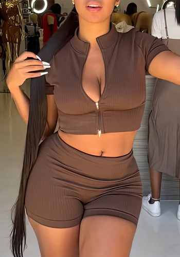 Kadın Günlük Fermuarlı Kısa Kollu Crop Top Ve Şort İki Parçalı Set
