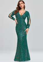 Plus Size Women Long Sleeve V-Neck Sequined Mermaid Evening Dress
