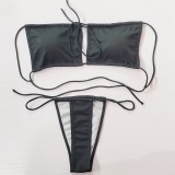 Women Bikini Solid Strappy Strap Pleated Swimwear Two Pieces
