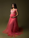 Women Short Sleeve Lace Patchwork Mesh Maternity Trailing Dress