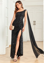 Vestido de noche asimétrico con hombros descubiertos y lentejuelas con abertura lateral y cremallera lateral para mujer