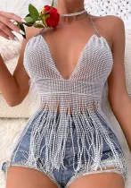 Ladies Mesh Rhinestone Deep V Sexy Tassel Backless Top