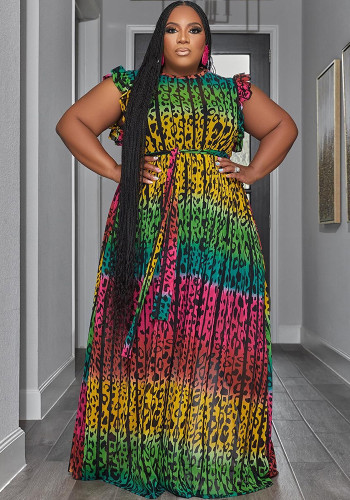 Sexy Plus Size Print Belted Ruffled Sleeveless Maxi Dress