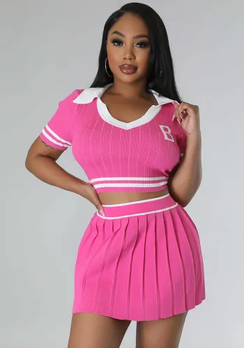 Women's Knitting Sports Pleated Skirt Cropped Short Sleeve Top Two Piece Set