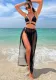 Solid Long Skirt Tie Waist Black Lace-Up Three-Piece Bikini Swimsuit