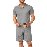 Summer Wafflev Turndown Collar Short-Sleeved Polo Shirt Shorts Men's Casual Fashion Two Piece Set