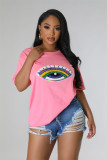 Women's Fashion Casual Eyes Print Solid Color Short Sleeve Tops Women's T-Shirts