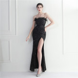 Fur Trim Sequins Formal Party Dress Club Prom Strapless Maxi Gown Evening Dress