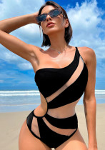 Frauen Eine Schulter Schwarz Badeanzug Einfarbig Hohl Mesh Sexy Einteiligen Badeanzug