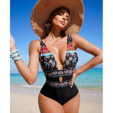 Summer Ethnic Style Print Deep V-Neck One-Piece Swimsuit Sexy Female Bathing Suit