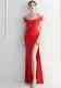 Fur Trim Off Shoulder Slit Sexy Evening Dress Cocktail Dinner Wedding Gown