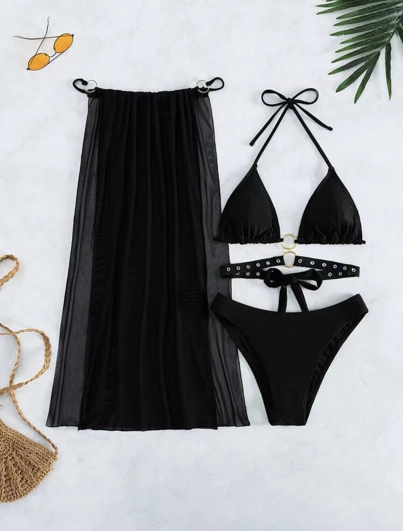 Solid Long Skirt Tie Waist Black Lace-Up Three-Piece Bikini Swimsuit - The  Little Connection