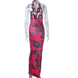 Halter Neck Tie Digital Printing Tight Fitting Elegant Long Dress