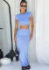 Women's Spring Solid Short Sleeve Crop Two Piece Skirt Set