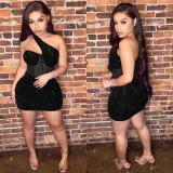 Summer Women's Fashion Sexy Mesh Sequin Slash Shoulder Club Dress