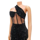 Summer Women's Fashion Sexy Mesh Sequin Slash Shoulder Club Dress