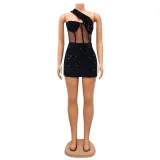 Summer Women's Fashion Sexy Mesh Sequin Slash Shoulder Club Dress