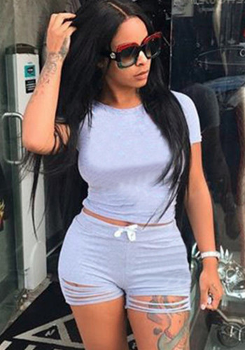 Women's Fashion Solid Short Sleeve Ripped Two Piece Shorts Set