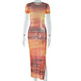 Summer See-Through Mesh Gradient Printing Round Neck Short Sleeve Trendy Women Slit Beach Dress