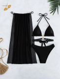 Solid Long Skirt Tie Waist Black Lace-Up Three-Piece Bikini Swimsuit