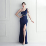 Beaded Bridesmaid Party Gown Sexy One Shoulder Long Evening Dress