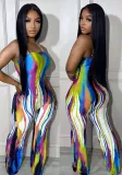 Sexy Suspender Graffiti Positioning Print Wide Leg Jumpsuit