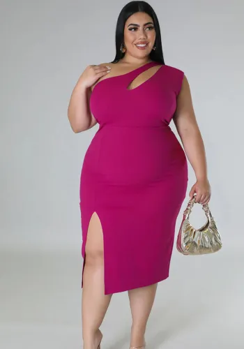 Plus Size Women's Tight Fitting One Shoulder Slit Solid Asymmetric Dress